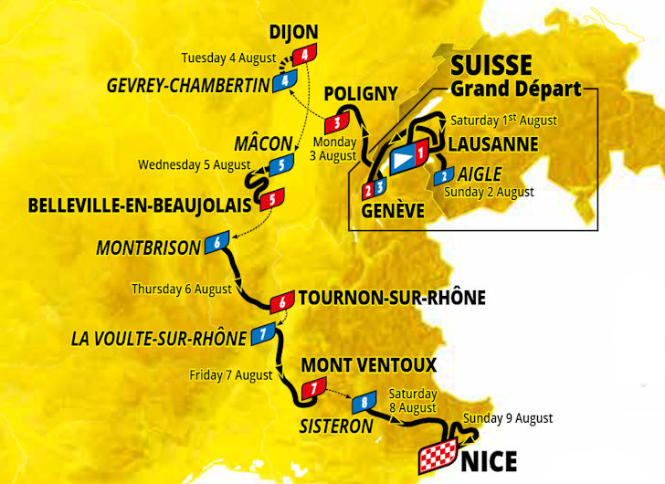 Overall route map of the 2026 Tour de France Femmes, from Lausanne to Nice