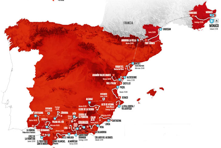 Overall route map of the 2026 Vuelta a España, from Monaco to Granada